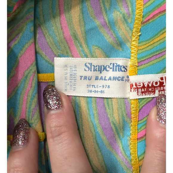Vintage 70s Shape-Tites Teal Yellow Pink Swirl Footed Tights size S NEW Tags - Picture 7 of 10